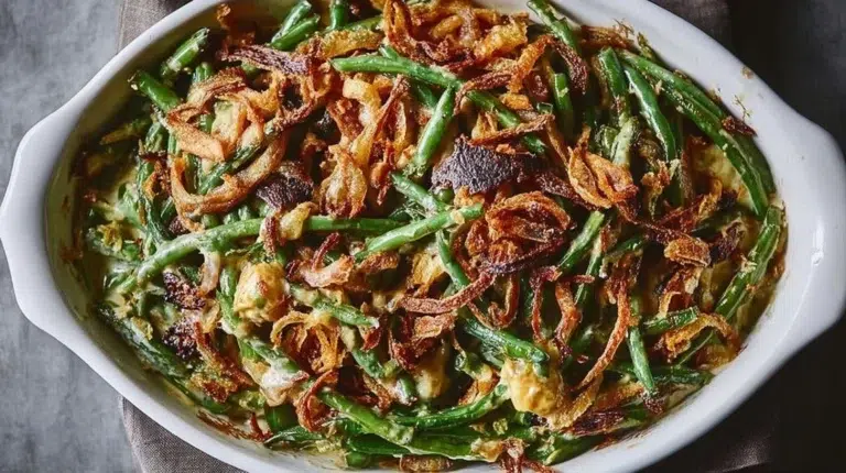 Delicious best-ever green bean casserole served in a baking dish