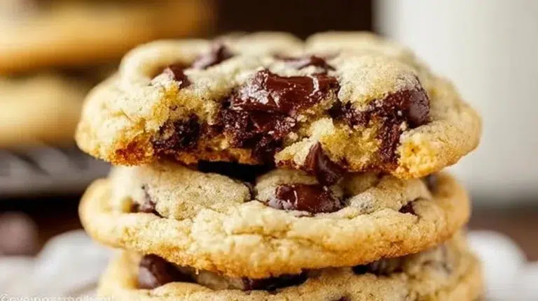 A plate of best homemade chocolate chip cookies with melted chocolate chips.