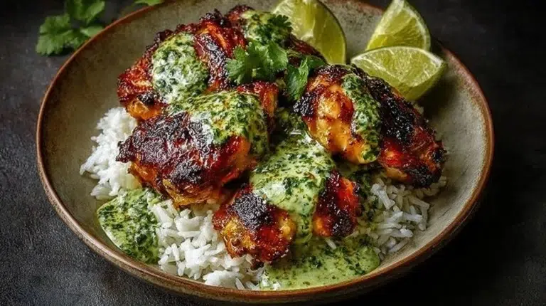 Delicious Peruvian chicken served with creamy green sauce on a plate.