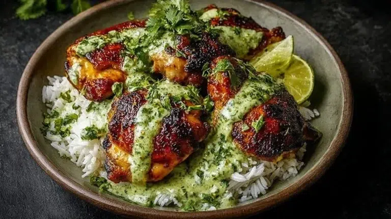 Best Peruvian chicken recipe served with creamy green sauce in a vibrant dish
