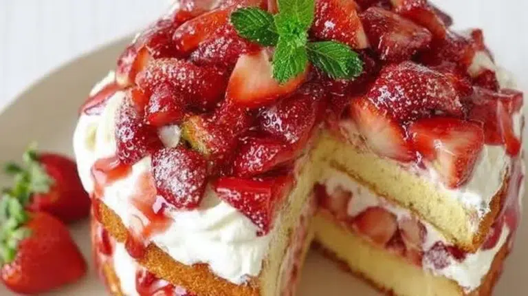 Delicious slice of best strawberry shortcake with fresh strawberries and whipped cream
