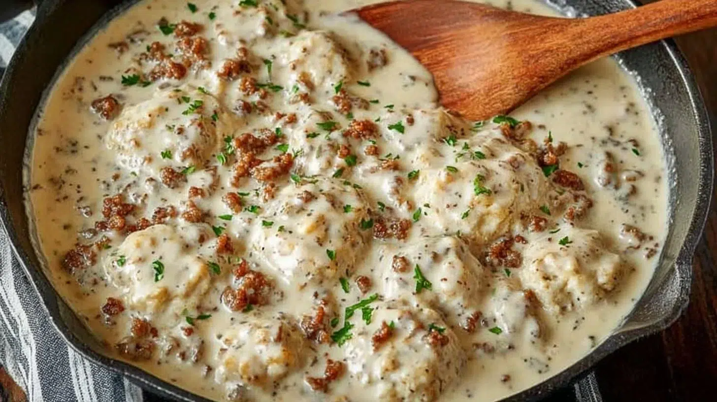 Delicious plate of biscuits and gravy with sausage sauce and fresh herbs