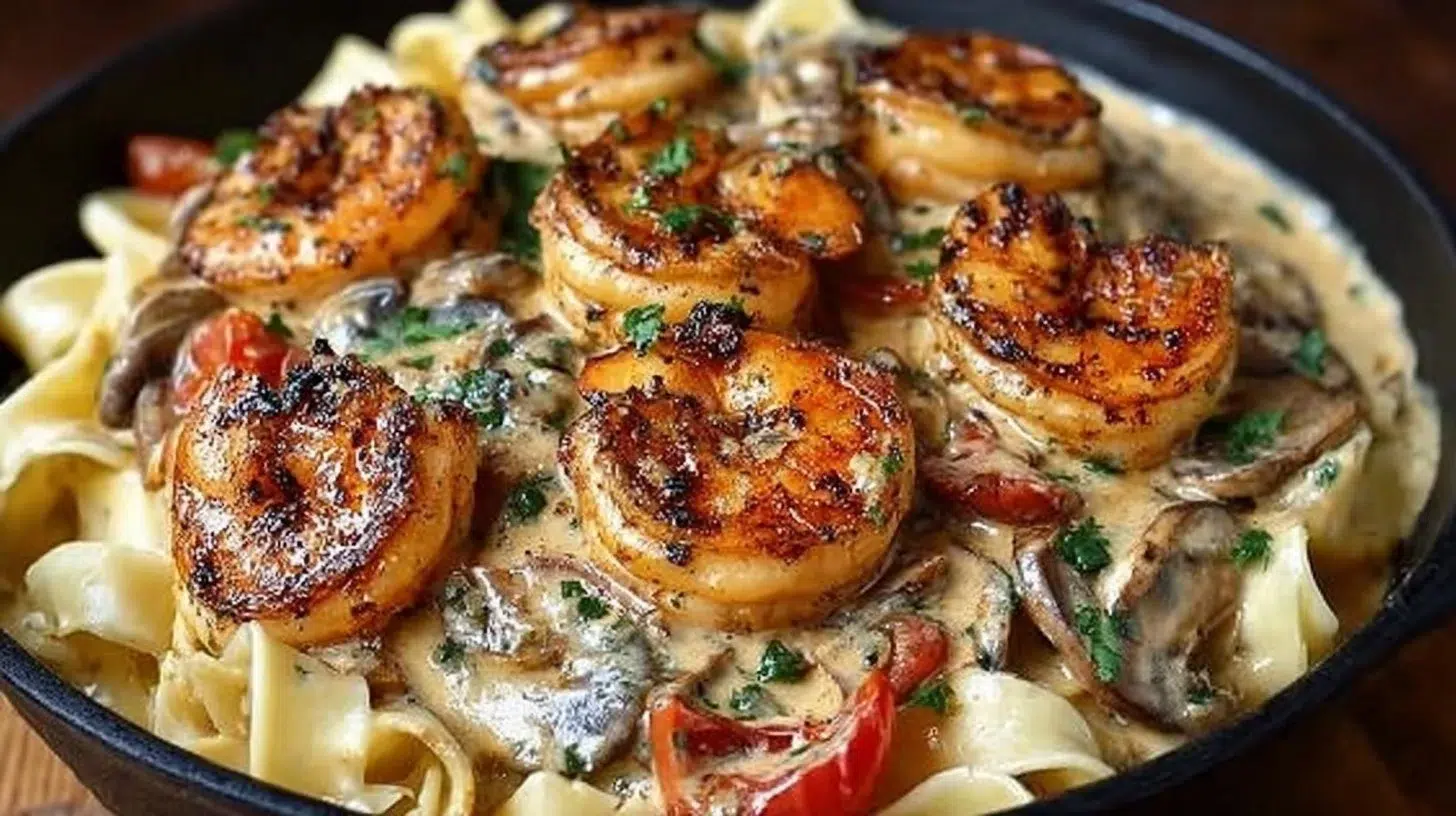 Delicious blackened shrimp stroganoff served in a creamy sauce over pasta