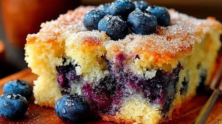 Delicious homemade blueberry breakfast cake sliced on a wooden table