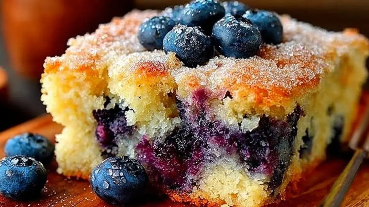 Delicious homemade blueberry breakfast cake sliced on a wooden table