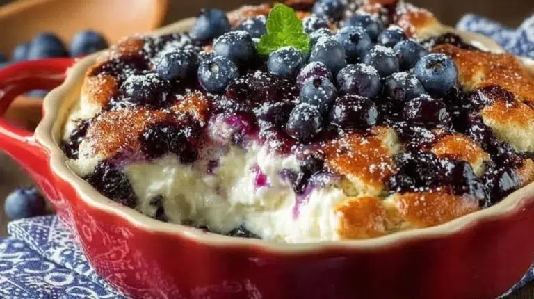 Delicious blueberry cottage cheese breakfast bake served in a dish.