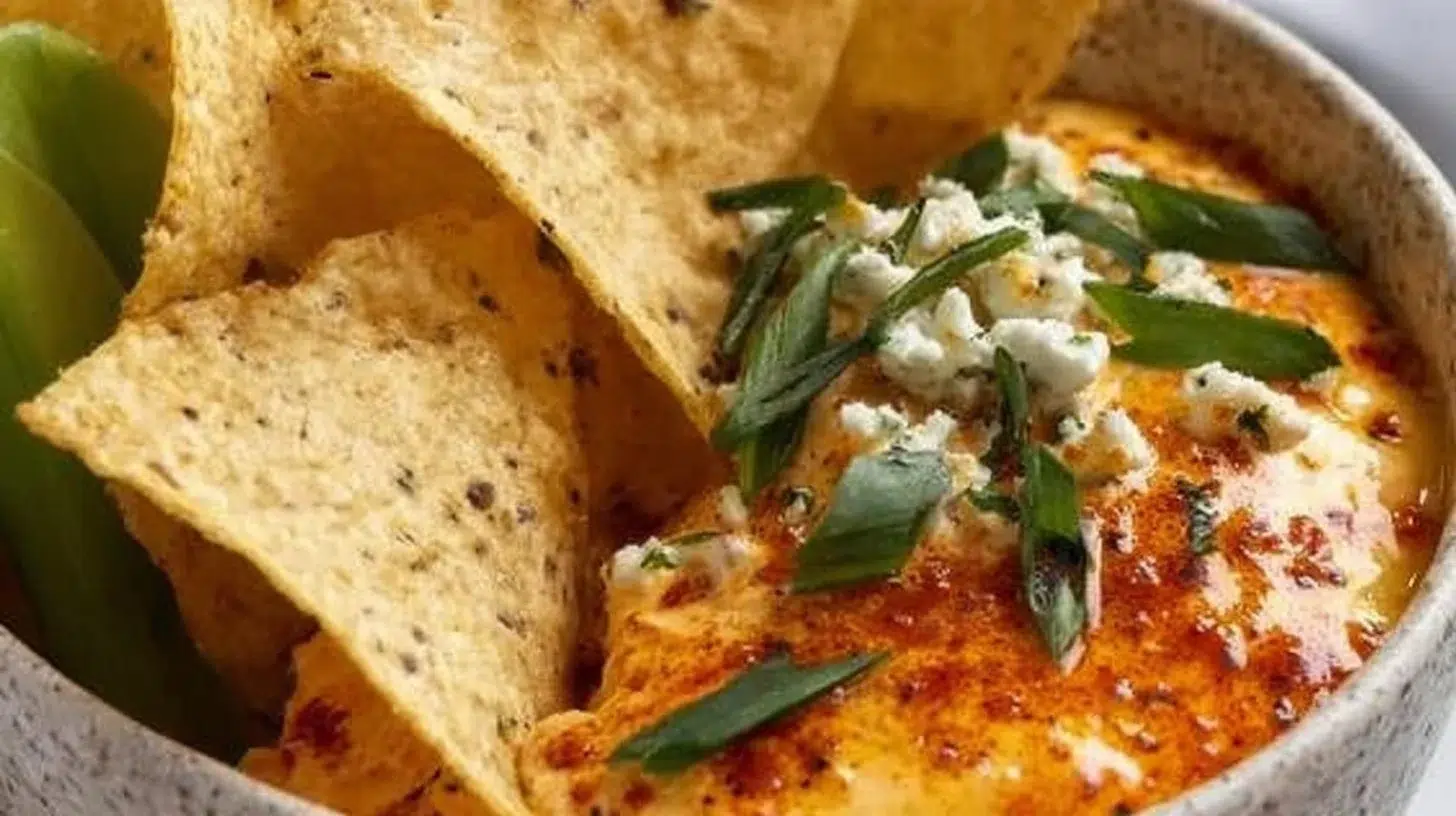 Buffalo cottage cheese dip served with tortilla chips