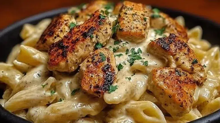 Delicious Cajun Chicken Pasta topped with spices and creamy sauce