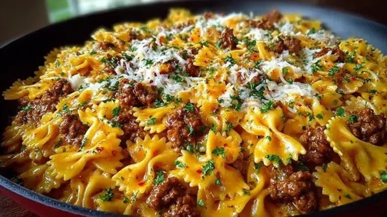 Cajun Cream Cheese Alfredo Bowties with Spiced Ground Beef in a bowl