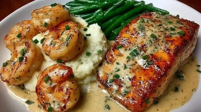 Cajun shrimp and salmon in garlic cream sauce served on a plate