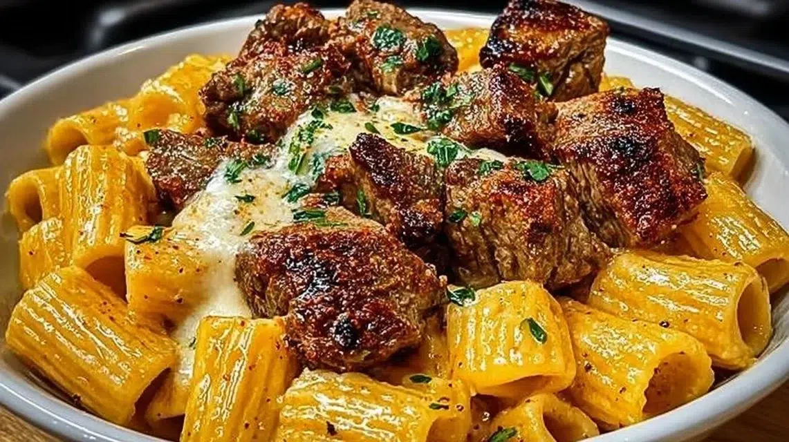 Delicious Cajun Steak Tips served with Cheesy Rigatoni in a bowl.