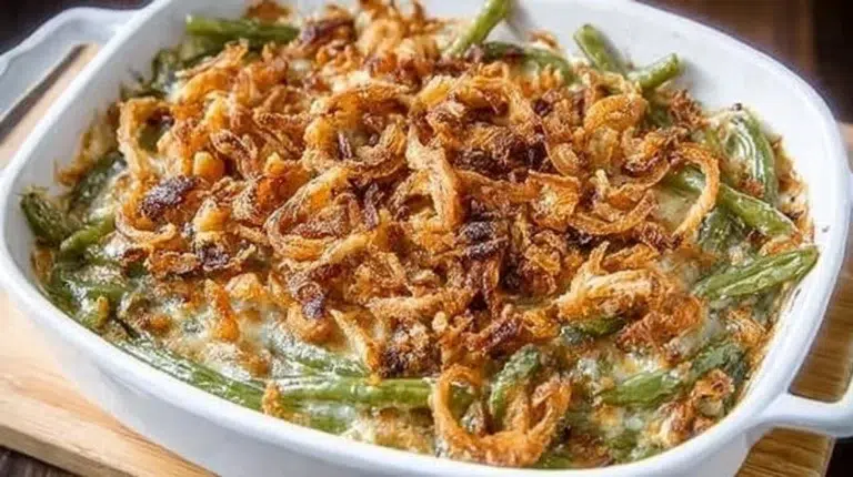 Delicious Campbell's Green Bean Casserole served in a baking dish.