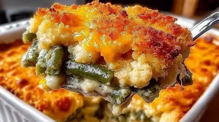 Delicious Cheddar Bay Green Bean Casserole topped with buttery crumbs
