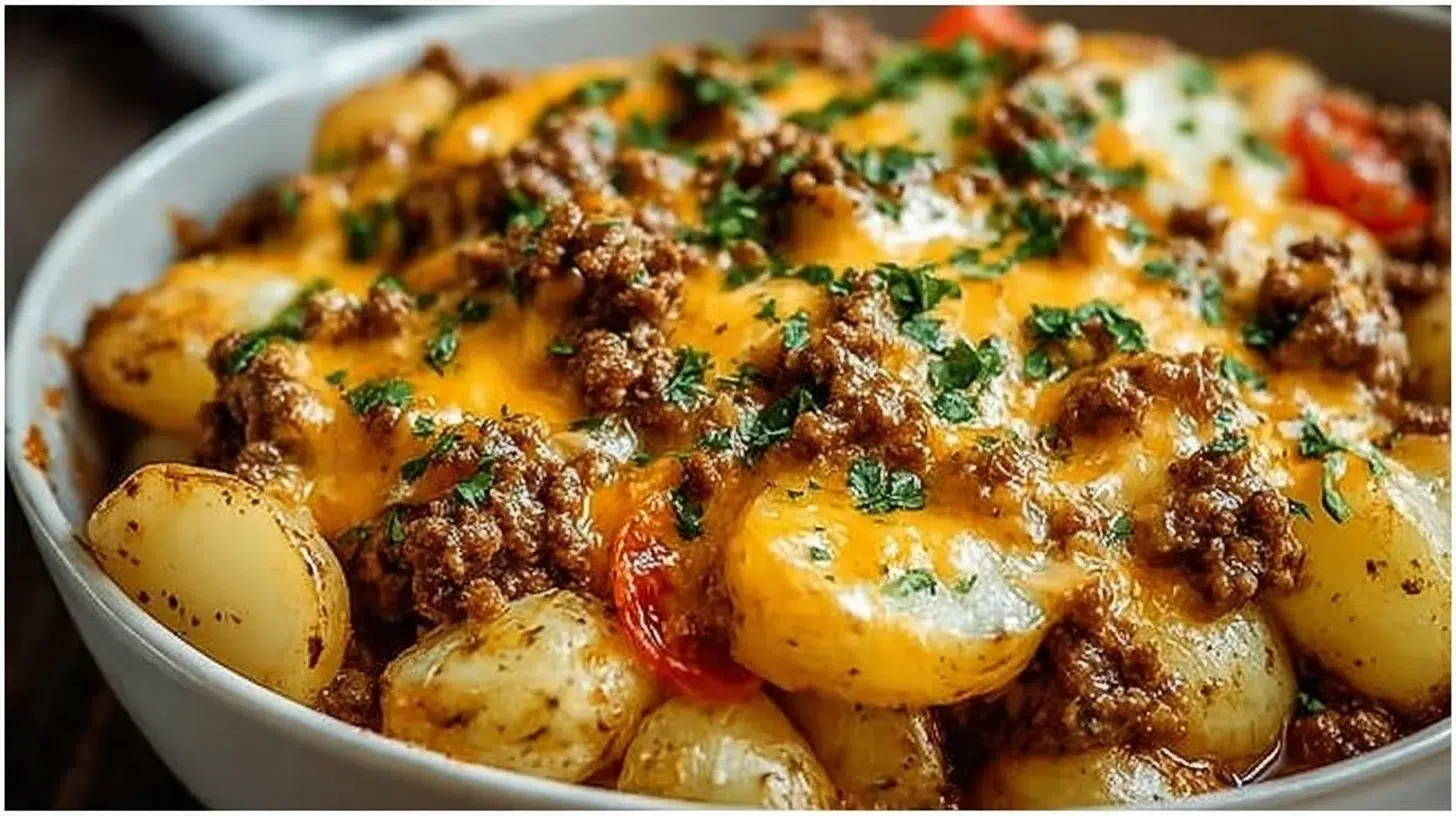 Cheesy Ground Beef & Potato Casserole served in a baking dish