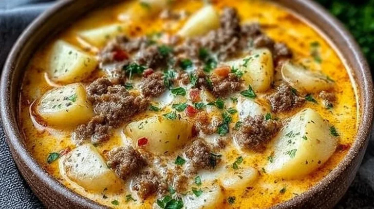 Bowl of cheesy hamburger potato soup garnished with herbs