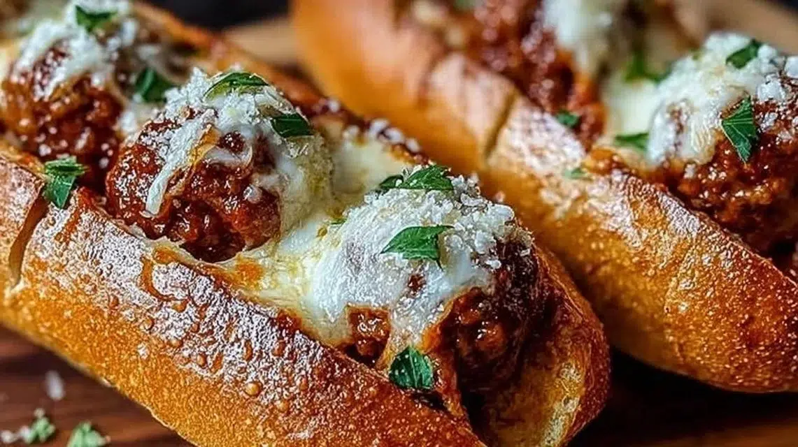 Cheesy meatball subs with melted cheese and marinara sauce on a fresh sub roll