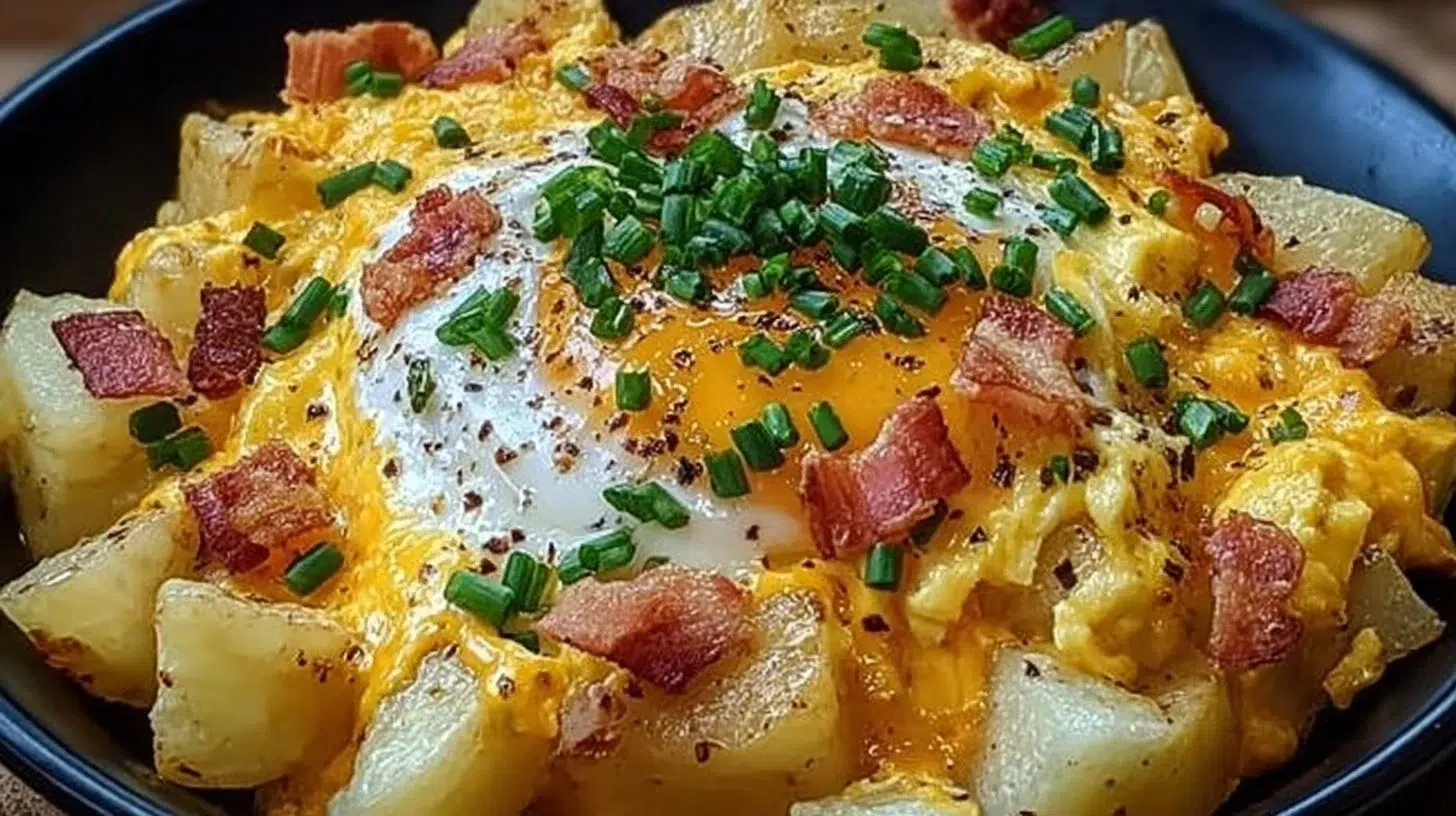 Cheesy Potato Egg Scramble featuring fluffy eggs and golden potatoes.