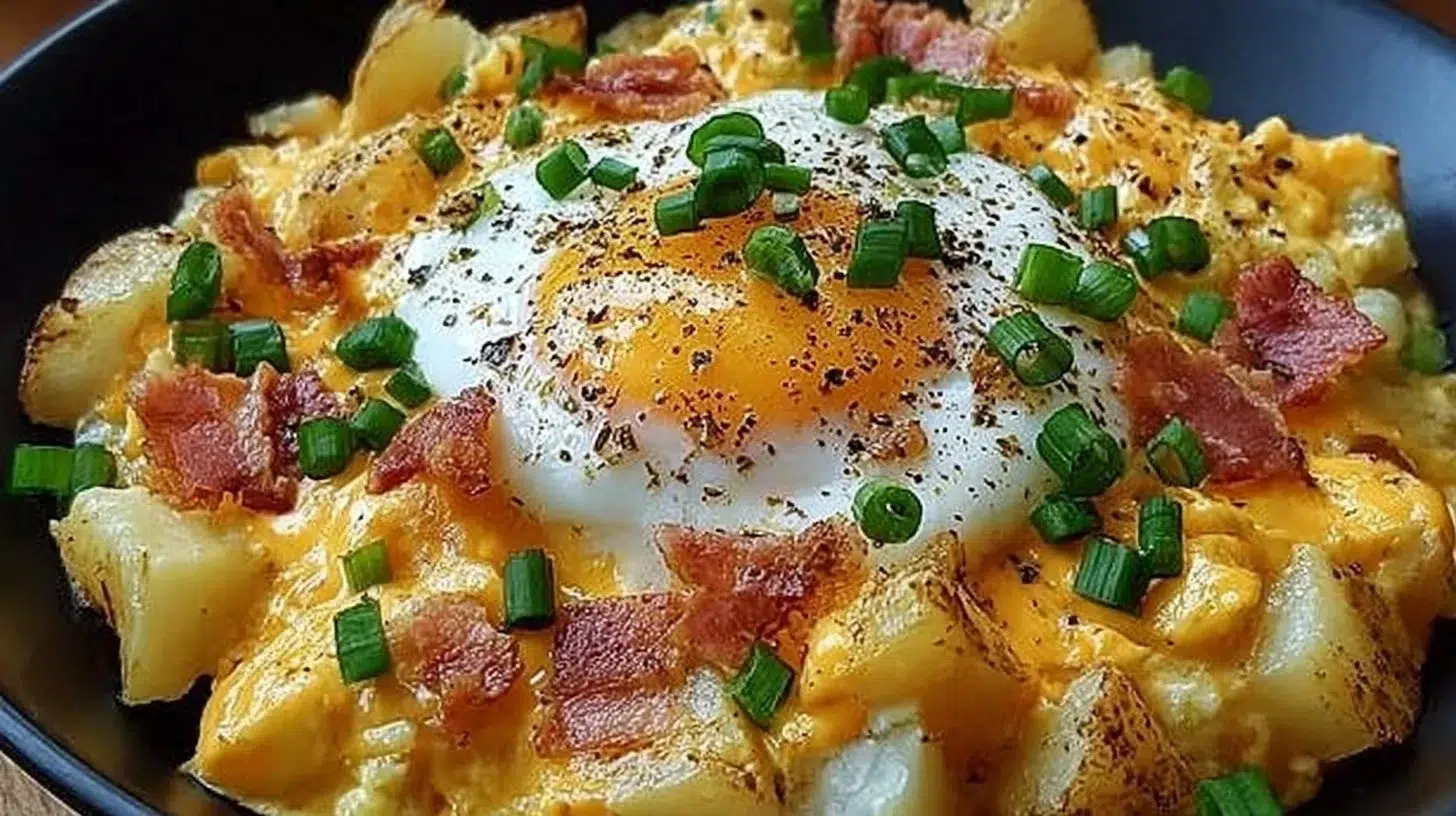 Cheesy potato egg scramble dish served in a bowl