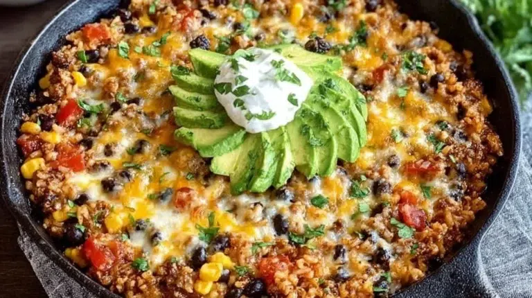 Cheesy Taco Rice Skillet topped with cheese and fresh ingredients