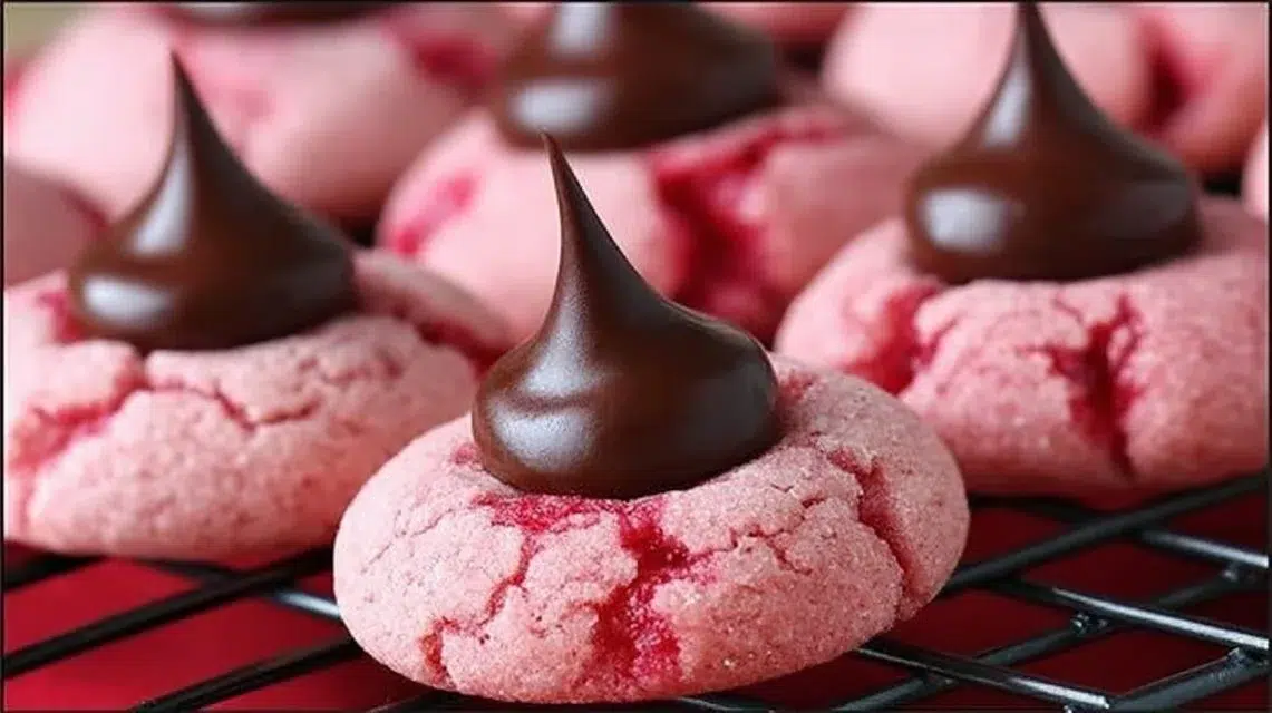 Freshly baked Cherry Kiss Cookies with chocolate and cherries on a plate