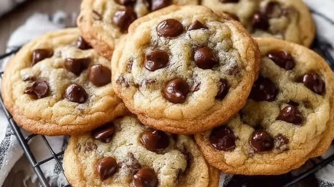 Plate of chewy chocolate chip cookies fresh out of the oven