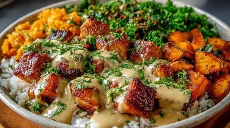 Delicious chicken and sweet potato bowls topped with fresh vegetables and herbs