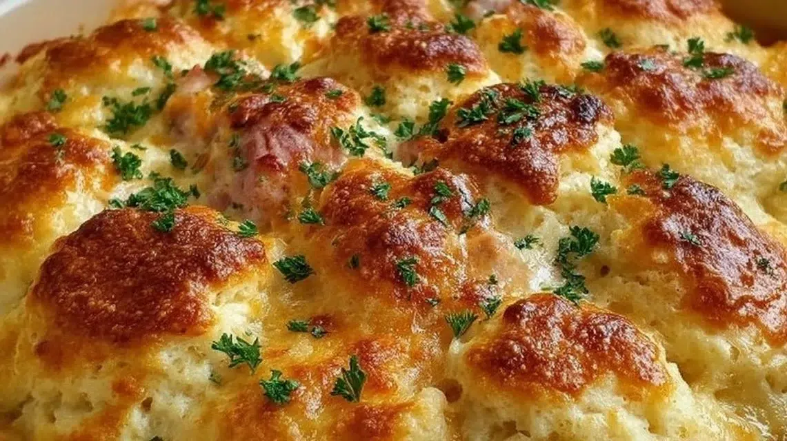 Chicken Bubble Biscuit Bake Casserole topped with golden biscuits and served hot.