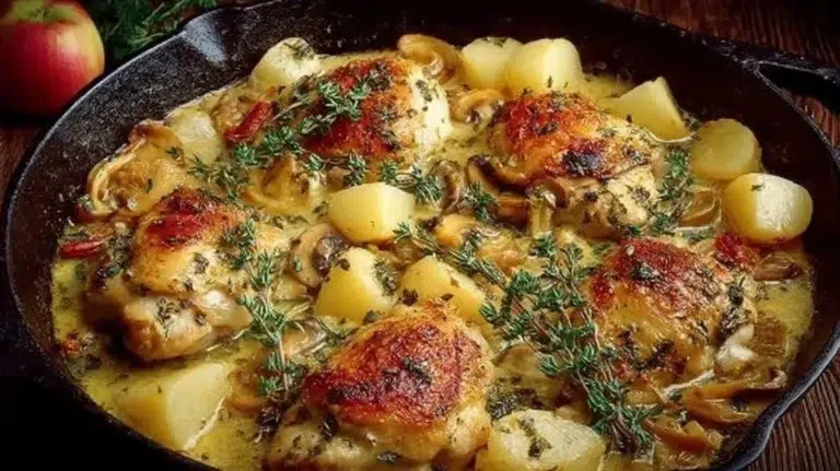 Delicious Chicken Normandy served with creamy apple sauce and fresh herbs