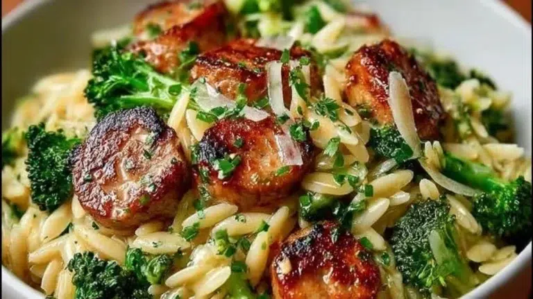 A delicious serving of chicken sausage and broccoli orzo on a plate