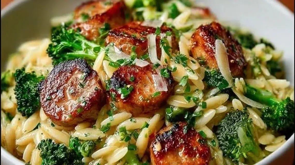 A delicious serving of chicken sausage and broccoli orzo on a plate