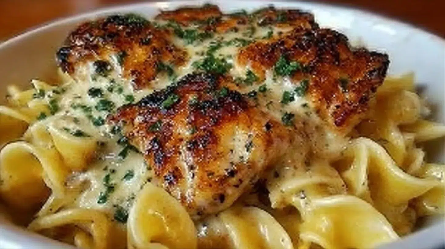 Delicious chicken served with creamy buttered noodles in a white dish