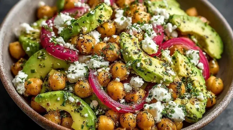 Chickpea Feta Avocado Salad with fresh vegetables and herbs