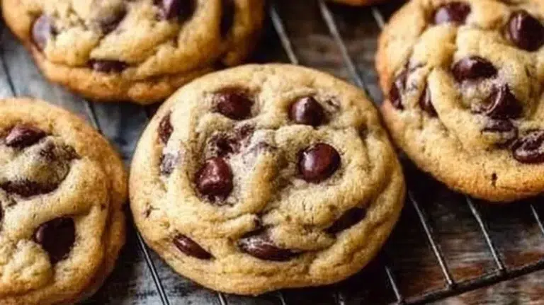 Freshly baked chocolate chip cookies on a cooling rack