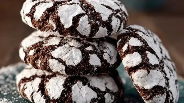 Freshly baked Chocolate Crinkle Cookies dusted with powdered sugar.