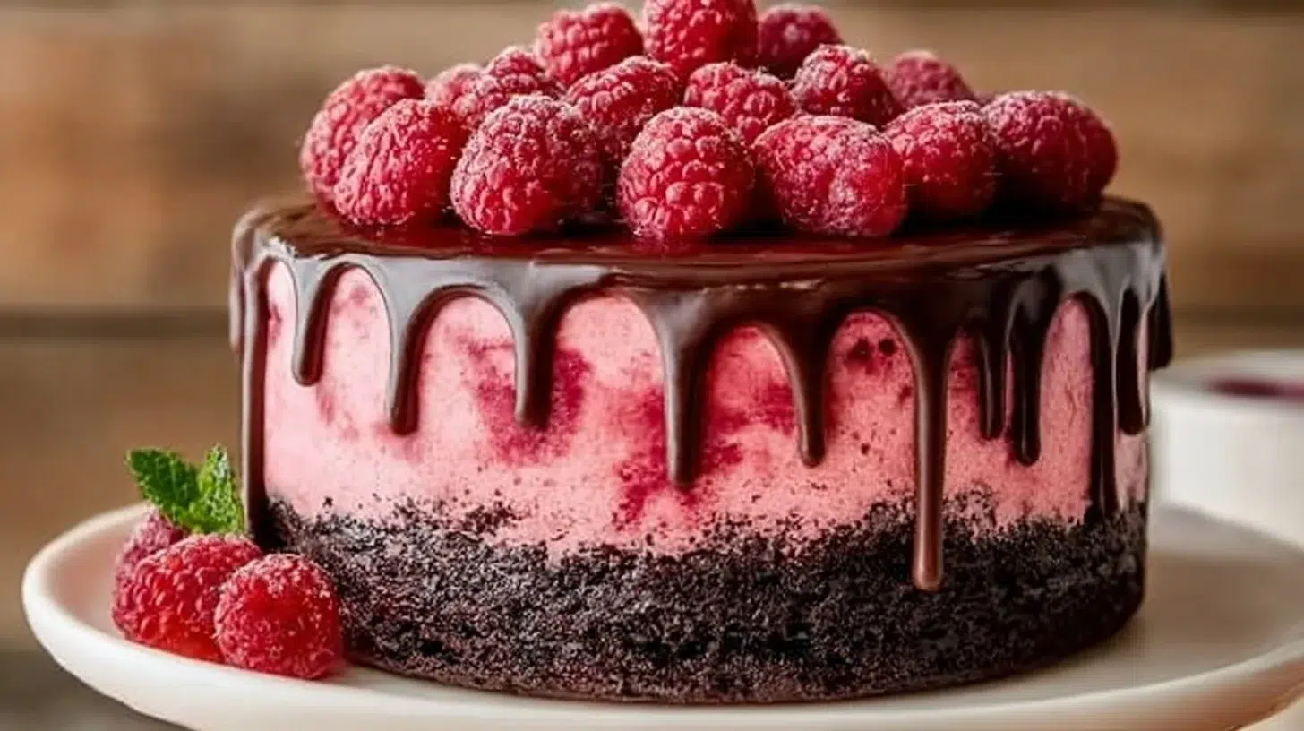 Delicious Chocolate Raspberry Cake with layers of chocolate ganache and raspberries