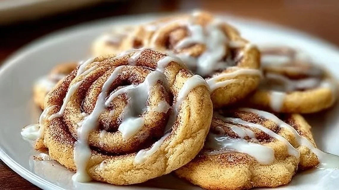 Delicious homemade cinnamon roll cookies with icing drizzle on top