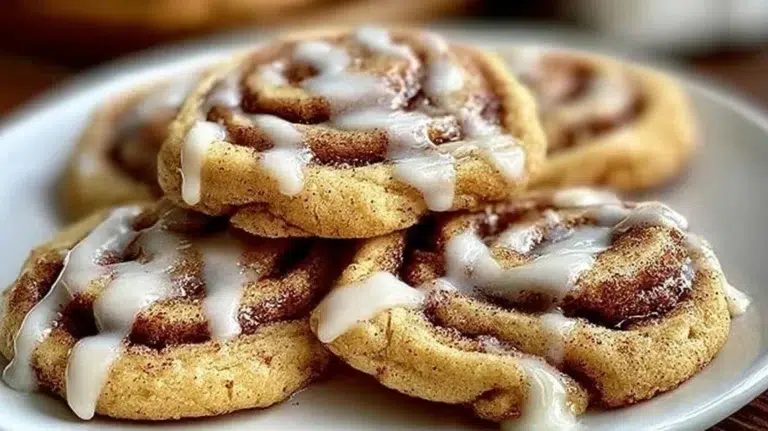 Freshly baked cinnamon roll cookies topped with icing and cinnamon