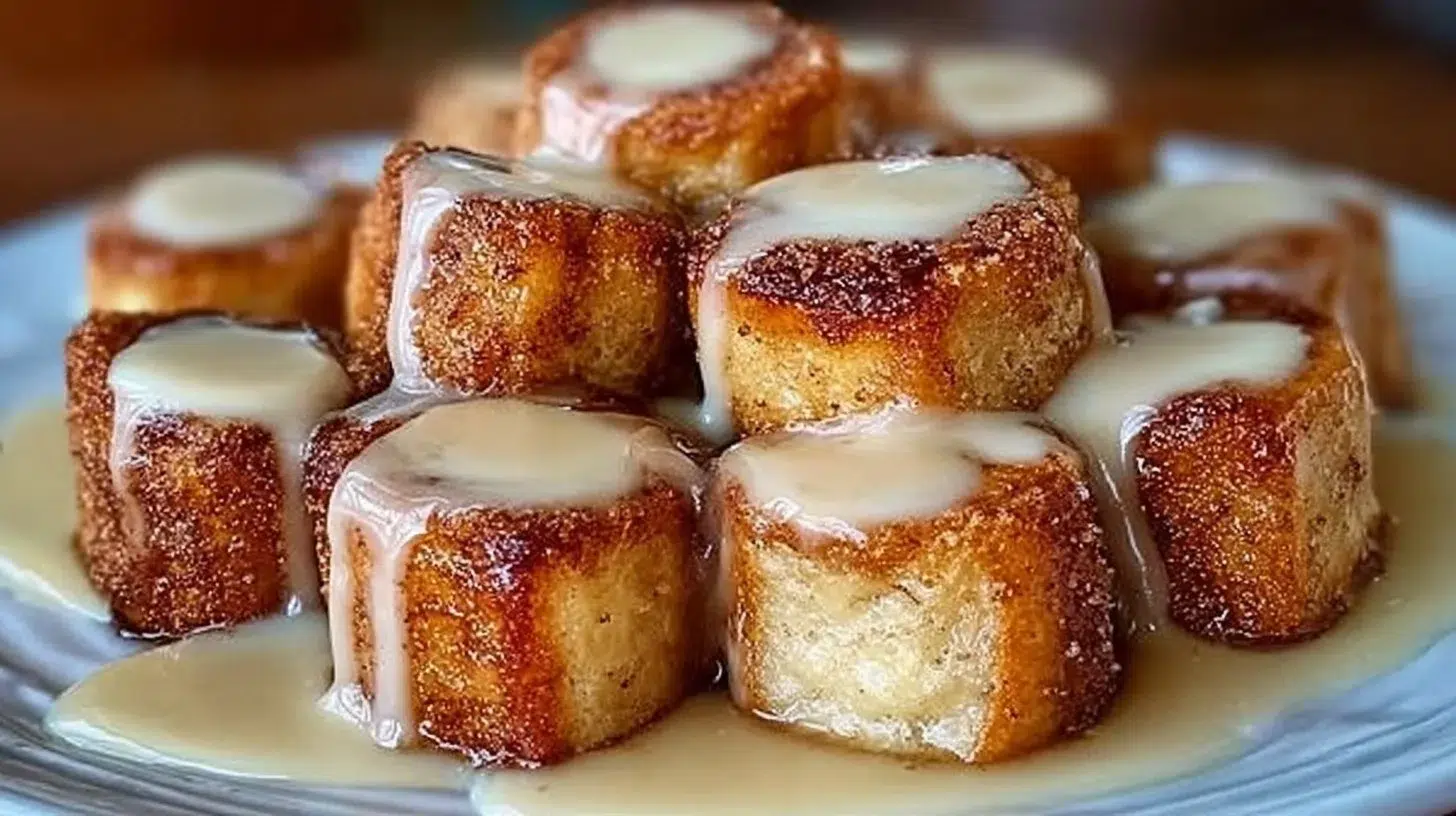 Plate of Cinnamon Roll French Toast Bites ready to enjoy