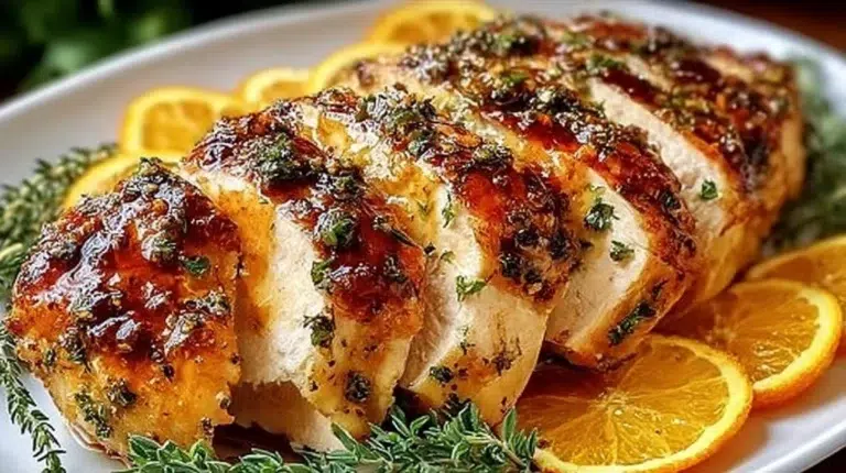 Citrus Herb Turkey Breast garnished with fresh herbs and citrus slices