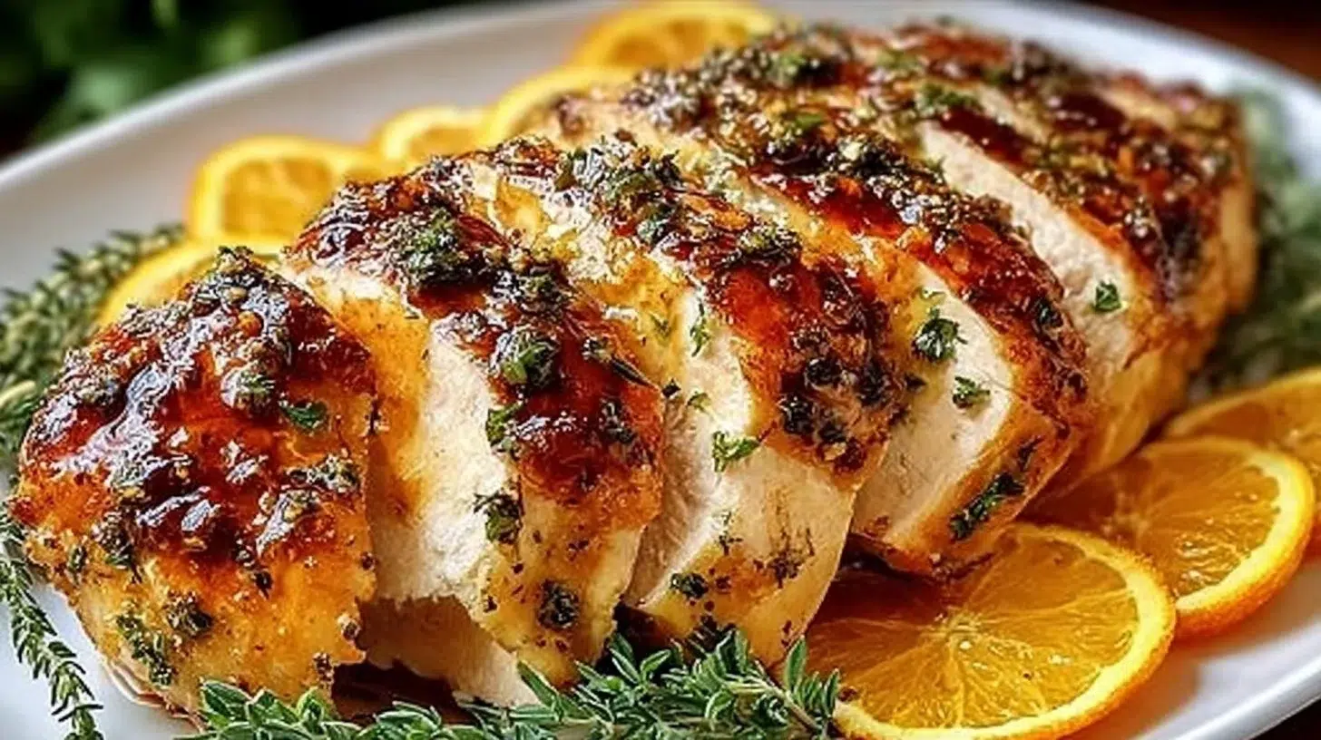 Citrus Herb Turkey Breast garnished with fresh herbs and citrus slices