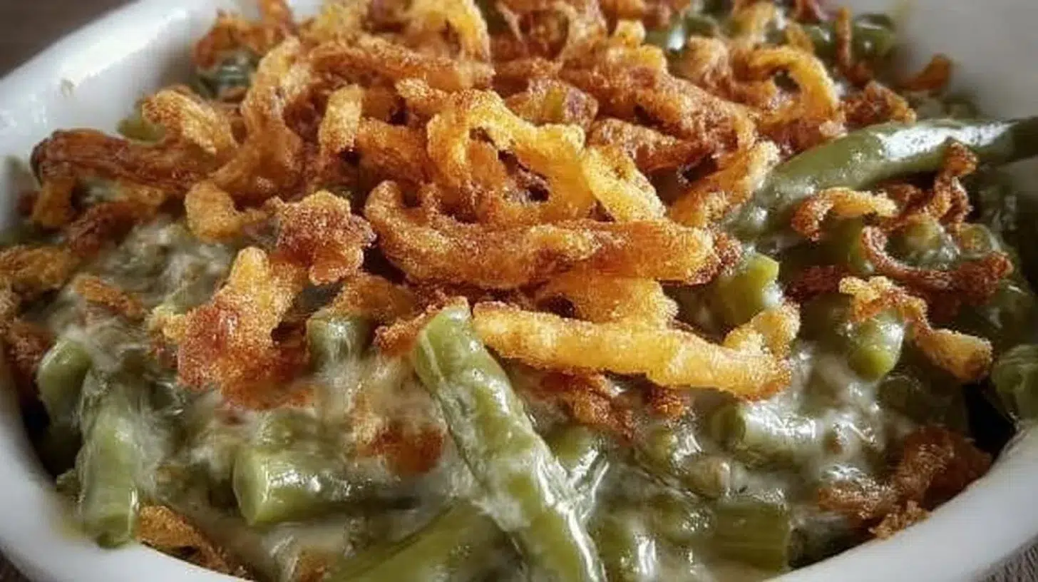 Classic Campbell's green bean casserole dish with creamy sauce and crispy onions