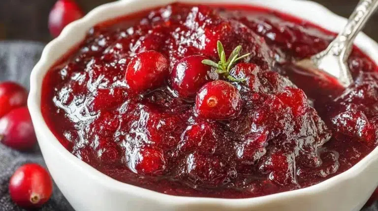 Homemade classic cranberry sauce served in a bowl for Thanksgiving dinner.