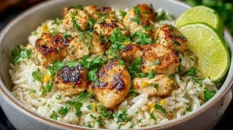 Delicious Coconut Chicken served with fragrant rice on a plate.