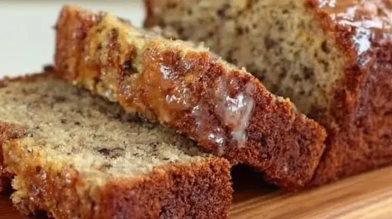 Delicious homemade copycat Starbucks banana bread slice on a rustic table.