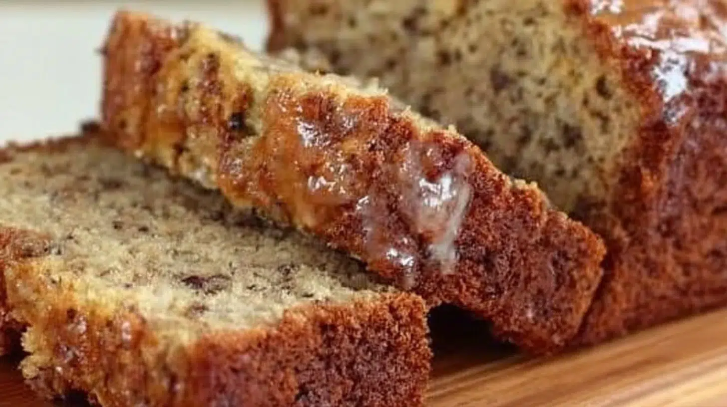 Delicious homemade copycat Starbucks banana bread slice on a rustic table.