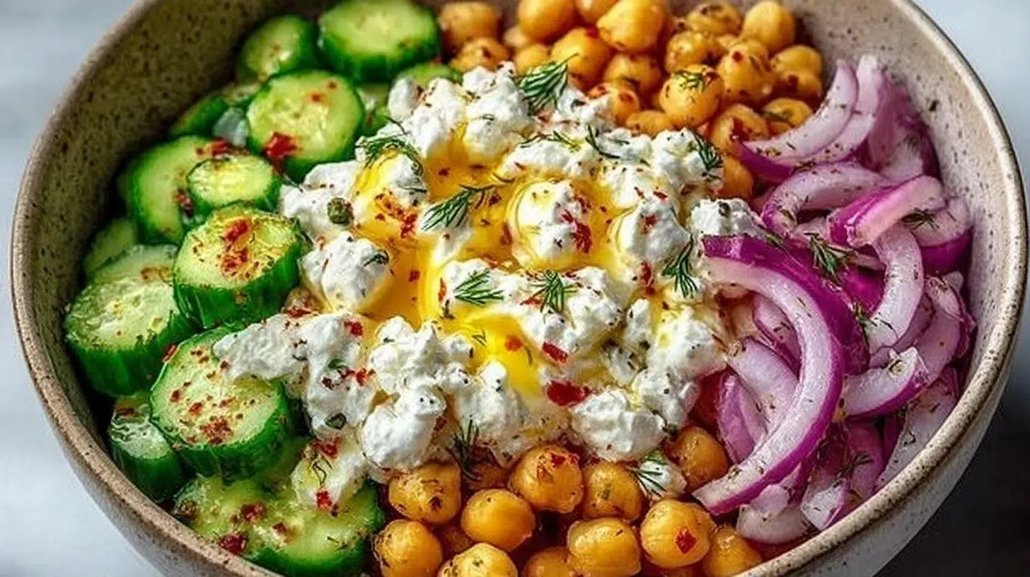 Cottage Cheese and Chickpea Salad served in a bowl with fresh vegetables