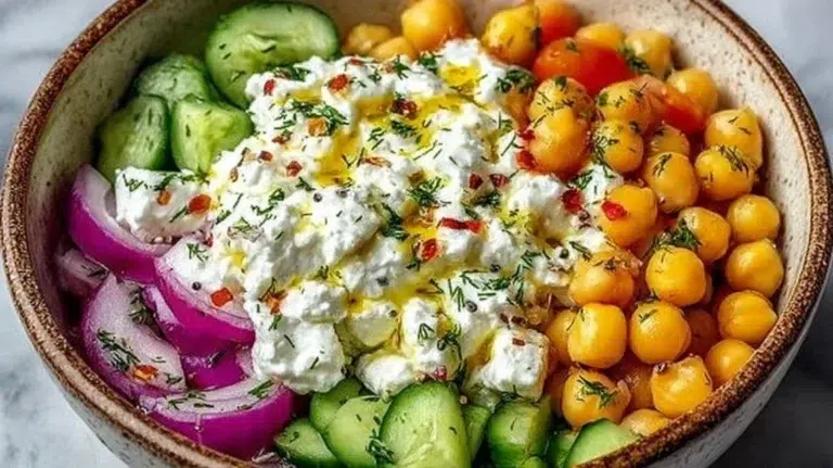 Cottage Cheese and Chickpea Salad served in a bowl with fresh vegetables