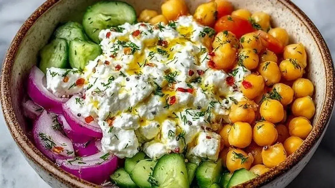 Cottage Cheese and Chickpea Salad served in a bowl with fresh vegetables