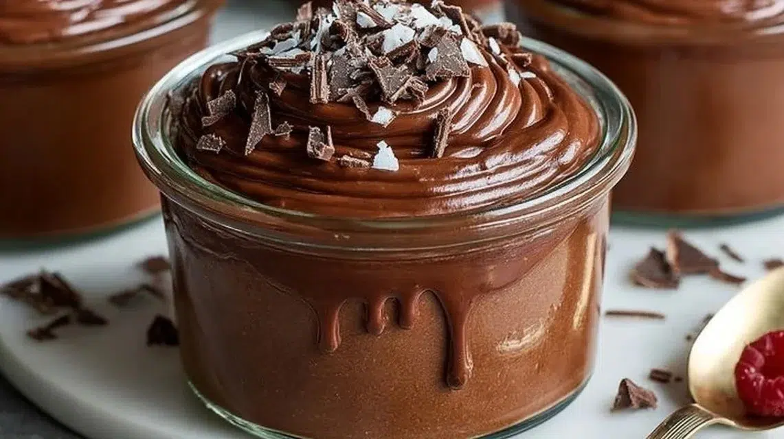 Delicious Cottage Cheese Chocolate Mousse garnished with chocolate shavings