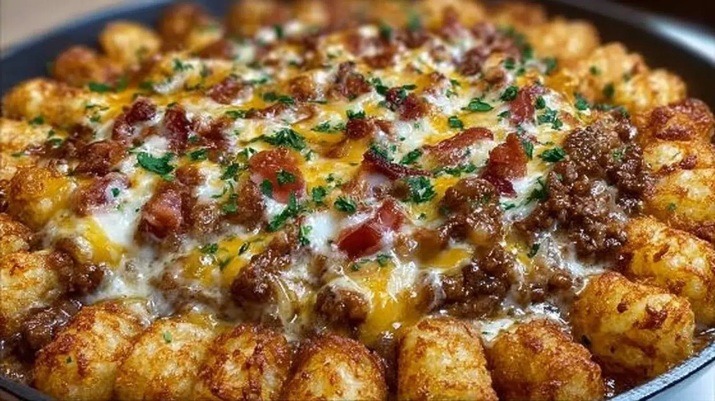 Delicious Cowboy Beef Tater Tot Casserole served in a rustic dish